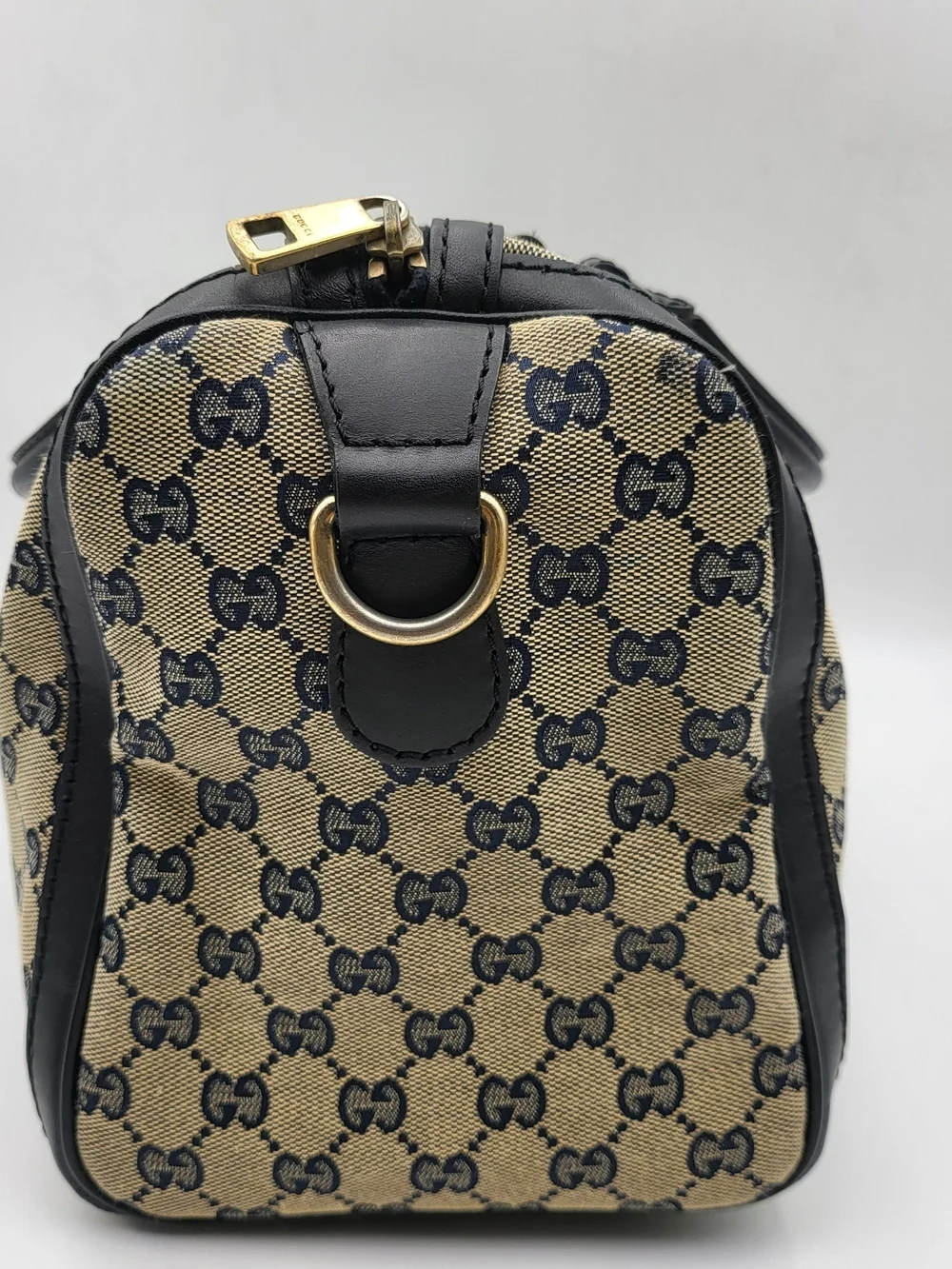 GUCCI Monogram Selleria Calfskin Vintage Web Medium Boston Black, Auth. w/COA..